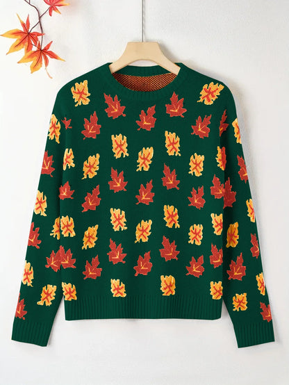 Plus Size Women's Round Neck Pullover Sweater – Falling Leaves Floral Knit, 1XL–4XL (Autumn/Winter)