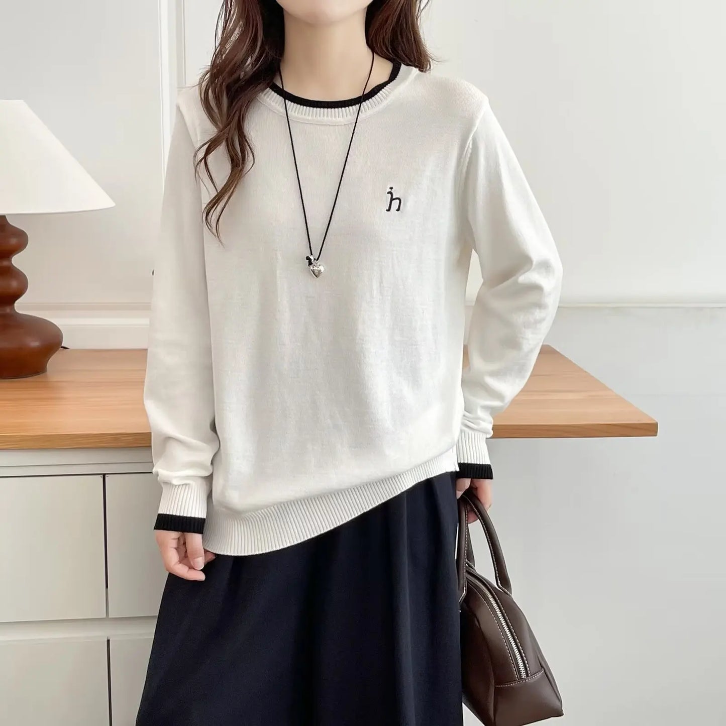 Plus Size Women's Color Block Embroidered Knit Sweater - Classic Retro Autumn Jumper