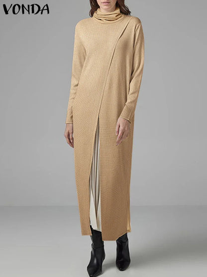 Women's Turtleneck Calf-Length Sweater Dress - Split Hem Patchwork Knit, Long Sleeve Casual Pullover, Plus Size to 5XL