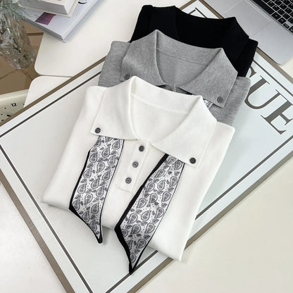 Plus Size Women's Knitted Sweater Jumper XXXL Lace-Up Lapel with Silk-Scarf Detail Autumn Casual
