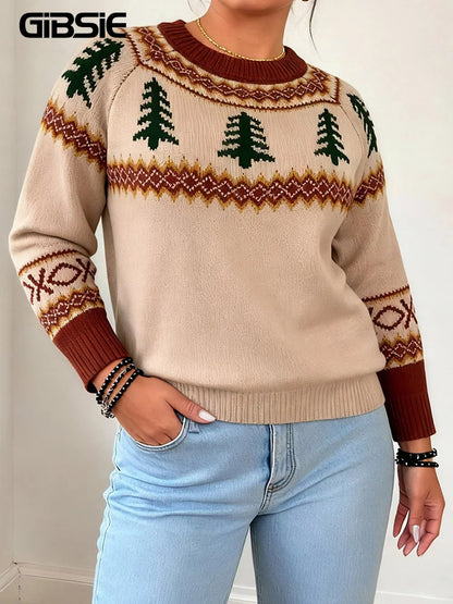 Plus Size Women's Crew Neck Pullover Sweater - Loose Knit Autumn Winter Christmas Top
