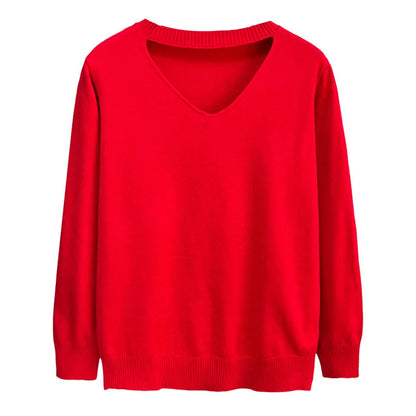 Plus Size V-Neck Hollow Knit Sweater Women's Autumn Casual Pullover
