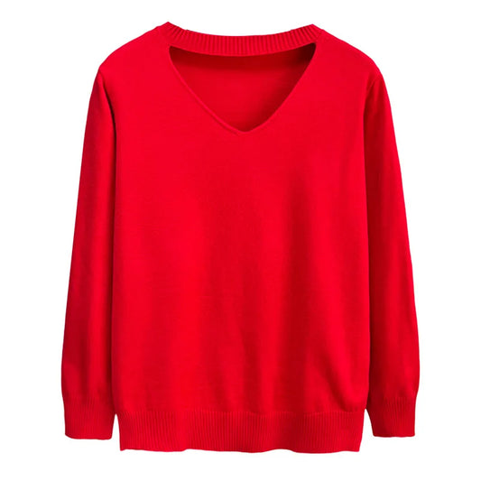 Plus Size V-Neck Hollow Knit Sweater Women's Autumn Casual Pullover