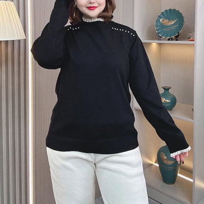 Plus Size Women's Knit Pullover (1XL-4XL) - Mock Neck Beaded Lace Shoulder Sweater for Autumn/Winter