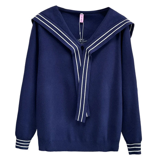 Plus Size V-Neck Sailor Collar Knitted Sweater for Women — Ribbon Trim Casual Jumper Up to 4XL