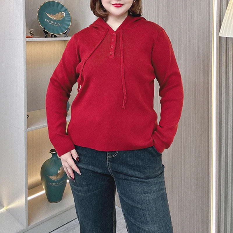 Plus Size 4XL Women’s Hooded Knit Sweater Pullover – Red Long Sleeve Casual