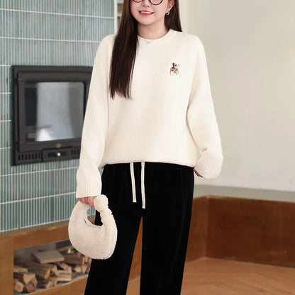 Plus Size XXXL Women's Bear Embroidered O-Neck Sweater Autumn Winter Preppy Thermal Pullover