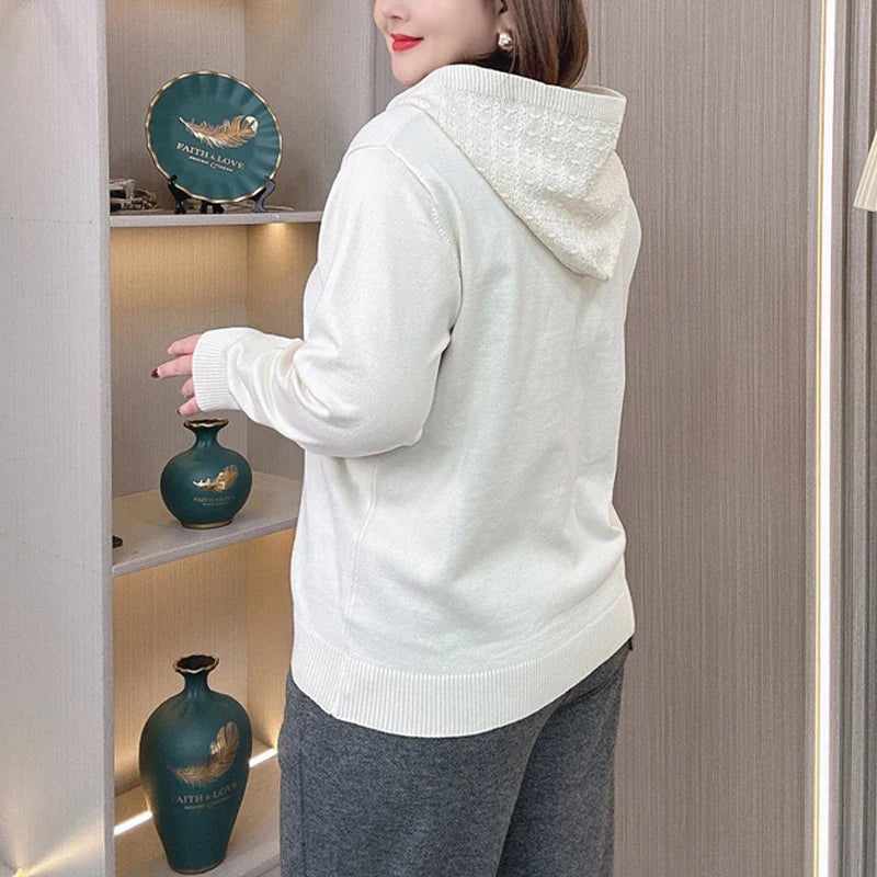 Plus Size Hooded Knit Pullover Sweater – Embossed Crochet Loose Fit for Spring & Autumn
