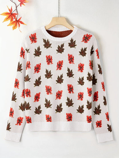 Plus Size Women's Round Neck Pullover Sweater – Falling Leaves Floral Knit, 1XL–4XL (Autumn/Winter)