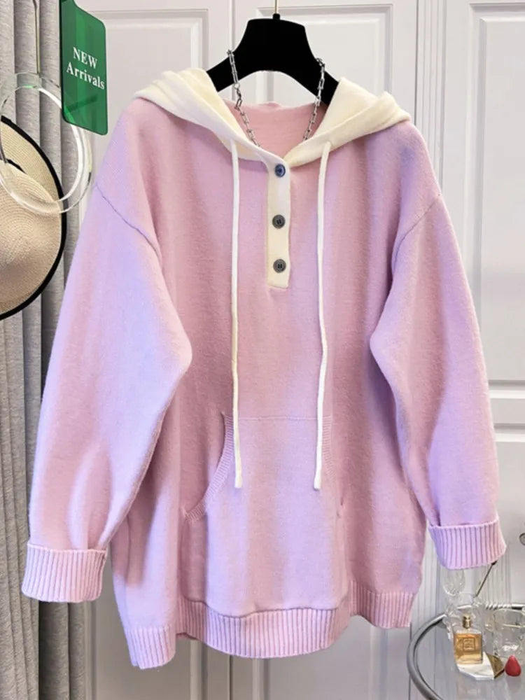 Plus Size Knitted Hooded Sweater Pullover for Women - Loose Long Sleeve Autumn/Winter