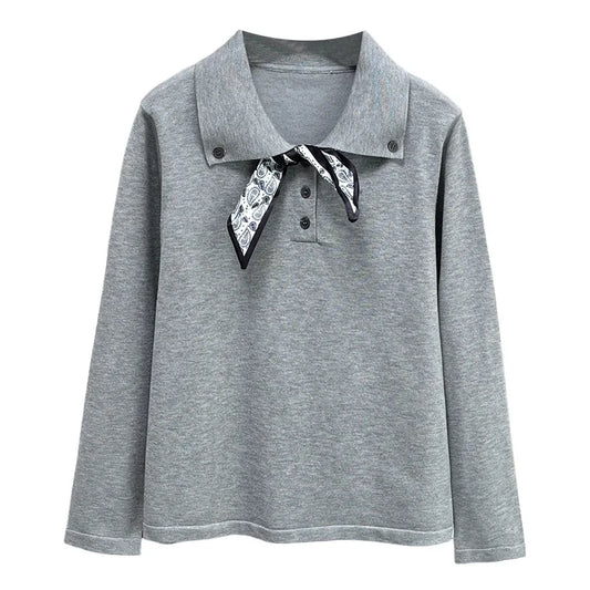 Plus Size Women's Knitted Sweater Jumper XXXL Lace-Up Lapel with Silk-Scarf Detail Autumn Casual