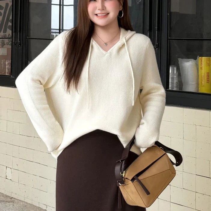 Plus Size Women's Hooded V-Neck 3D Knitted Sweater - Oversized Warm Pullover for Autumn Winter