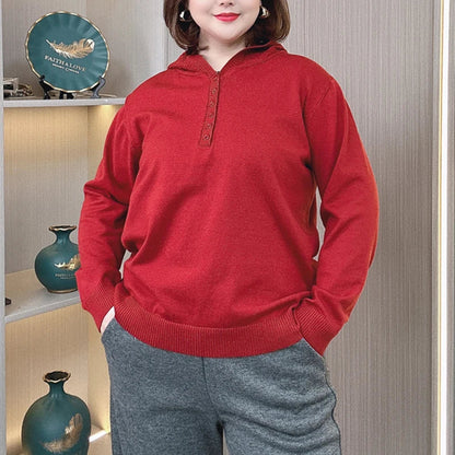 Plus Size Hooded Knit Pullover Sweater – Embossed Crochet Loose Fit for Spring & Autumn