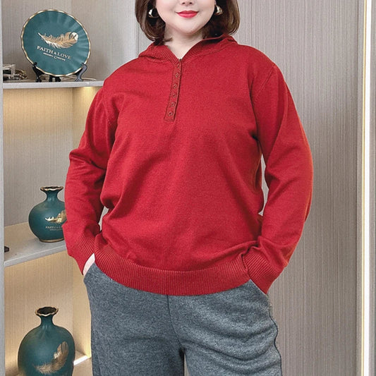 Plus Size Hooded Knit Pullover Sweater – Embossed Crochet Loose Fit for Spring & Autumn