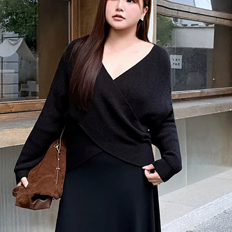 Plus Size XXXL Women's Soft Knit V-Neck Sweater - Fairy Cross Design Autumn/Winter Pullover