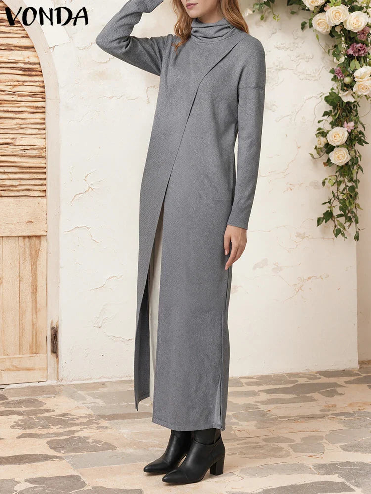 Plus Size Turtleneck Long Pullover Sweater – Split Hem Patchwork Long Sleeve (Up to 5XL)