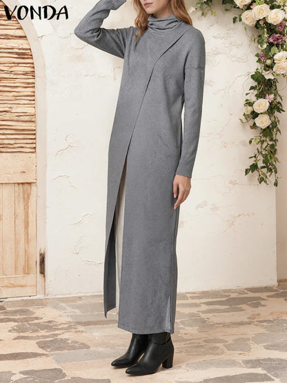 Plus Size Turtleneck Long Pullover Sweater – Split Hem Patchwork Long Sleeve (Up to 5XL)