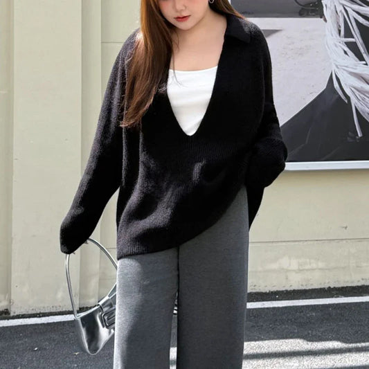 Plus Size Women's V-Neck Knit Sweater - Loose Long Sleeve Warm Autumn Winter Jumper
