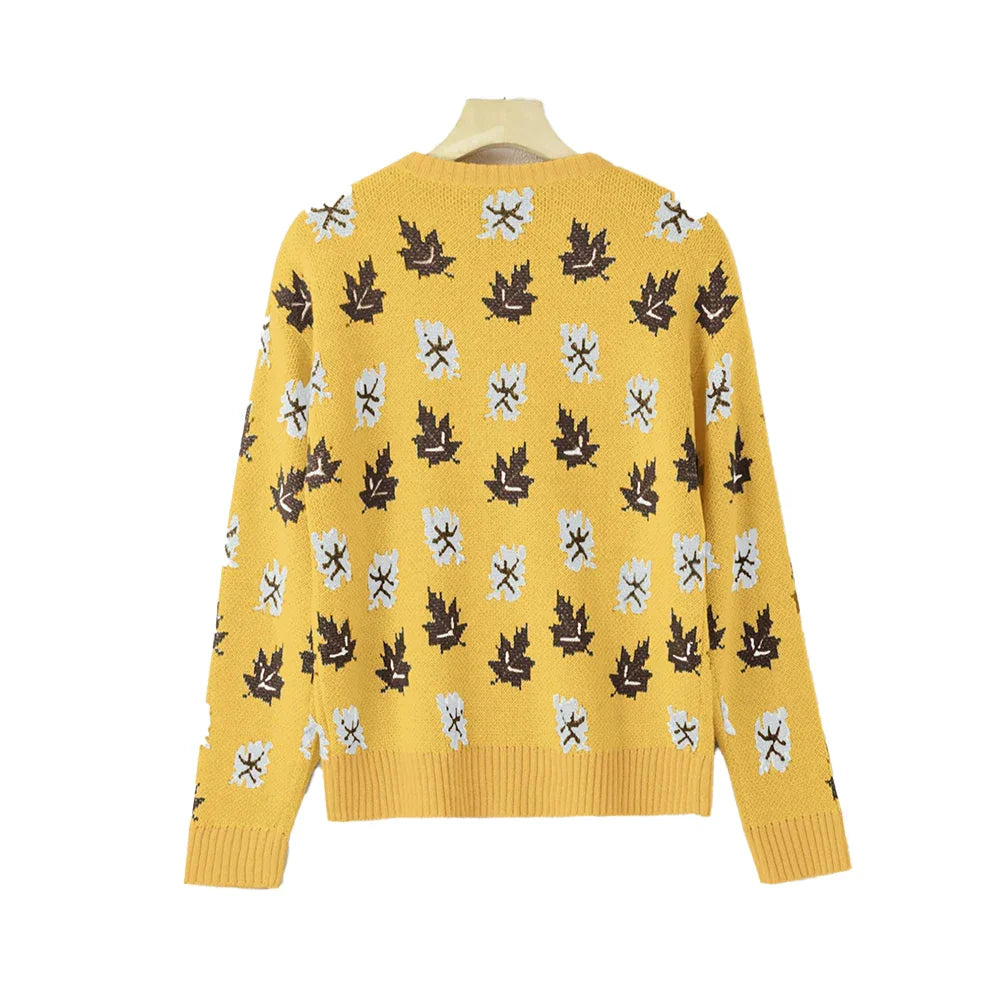Plus Size Women's Round Neck Pullover Sweater – Falling Leaves Floral Knit, 1XL–4XL (Autumn/Winter)