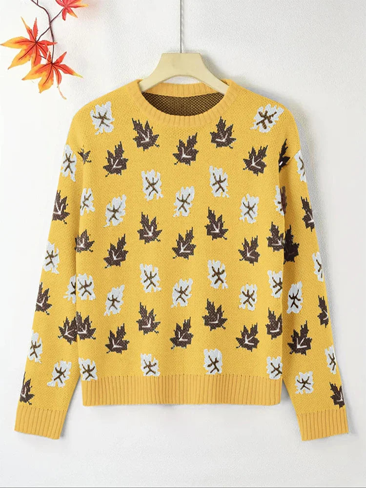 Plus Size Women's Round Neck Pullover Sweater – Falling Leaves Floral Knit, 1XL–4XL (Autumn/Winter)