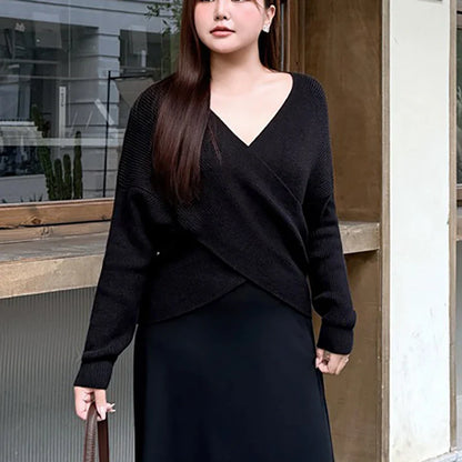 Plus Size XXXL Women's Soft Knit V-Neck Sweater - Fairy Cross Design Autumn/Winter Pullover