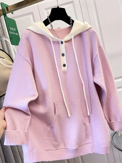 Plus Size Knitted Hooded Sweater Pullover for Women - Loose Long Sleeve Autumn/Winter