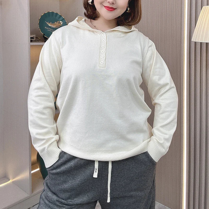 Plus Size Hooded Knit Pullover Sweater – Embossed Crochet Loose Fit for Spring & Autumn
