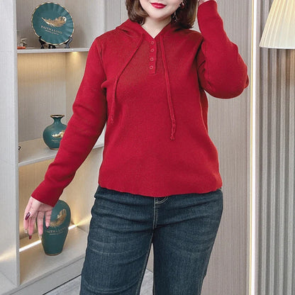 Plus Size 4XL Women’s Hooded Knit Sweater Pullover – Red Long Sleeve Casual