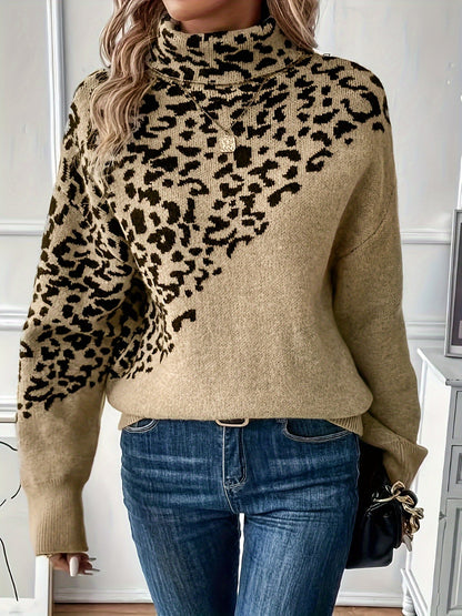 Plus Size Leopard Print Sweater - Cozy Acrylic High-Neck Pullover, Long Sleeve Oversized Knit for Fall Winter
