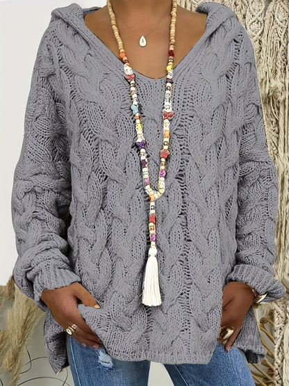 Plus Size Hooded V-Neck Knit Pullover Sweater — Long Sleeve Solid Casual Top