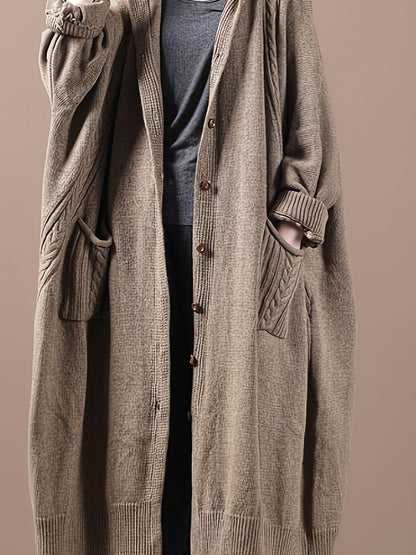 Women's Plus Size Hooded Cardigan, Long Cozy Knit Sweater with Double Pockets, Loose Fit - Solid Color, Fall/Winter