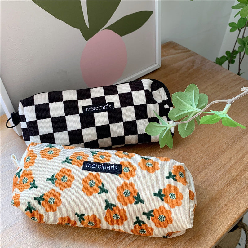 Corduroy Pencil Case Makeup Bag - Korean Style Retro Floral Canvas Pouch for Students