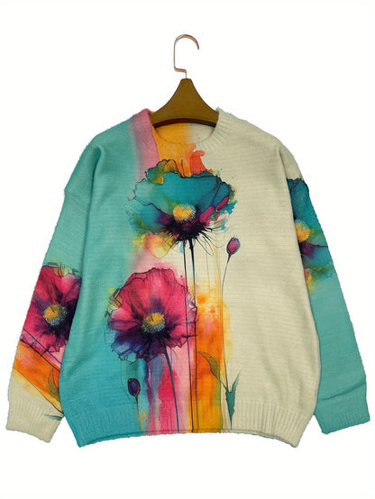 Plus Size Heavyweight Floral Crewneck Sweater — Thick Oversized Winter Pullover (Multi-Color)