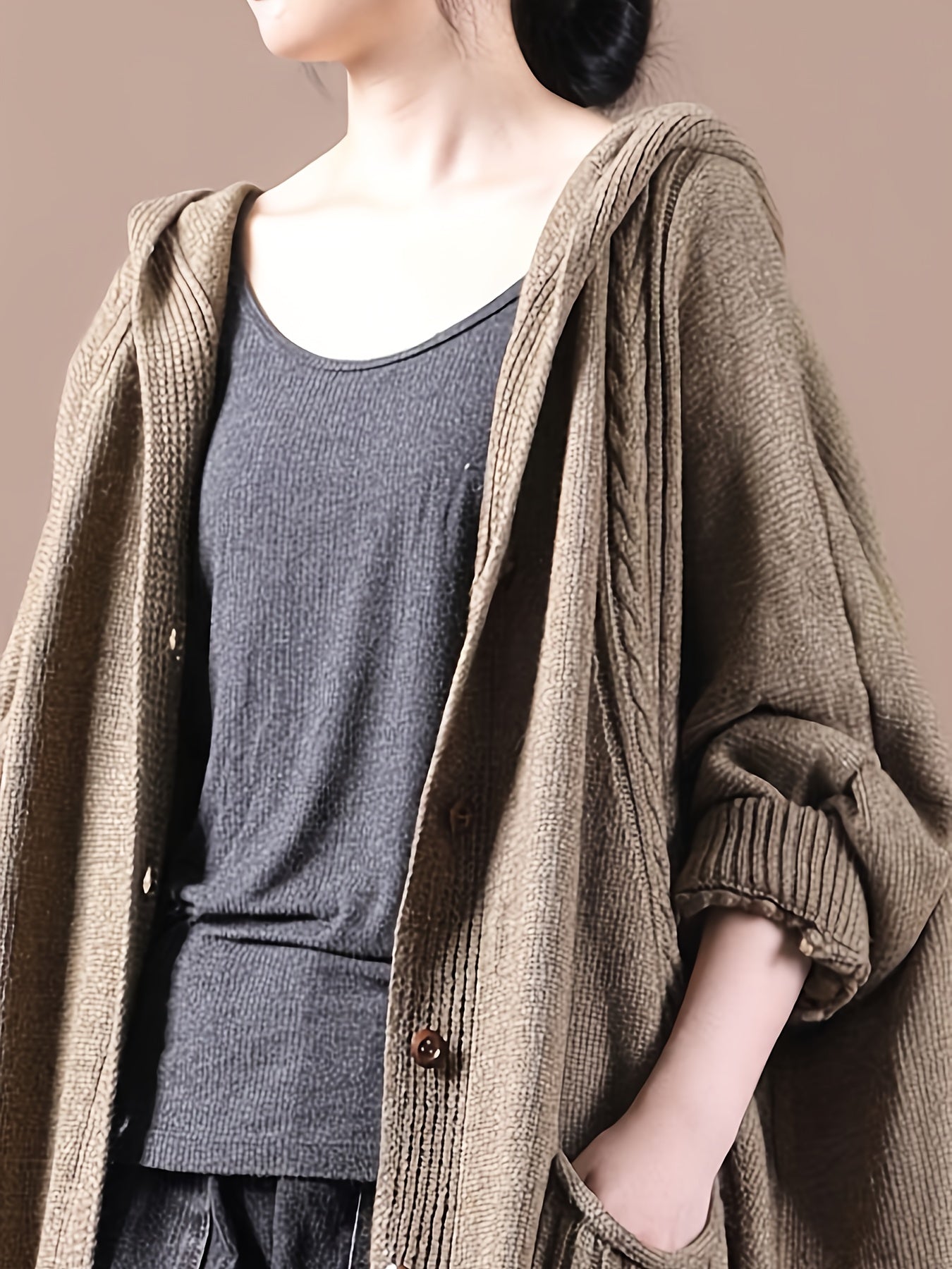 Women's Plus Size Hooded Cardigan, Long Cozy Knit Sweater with Double Pockets, Loose Fit - Solid Color, Fall/Winter