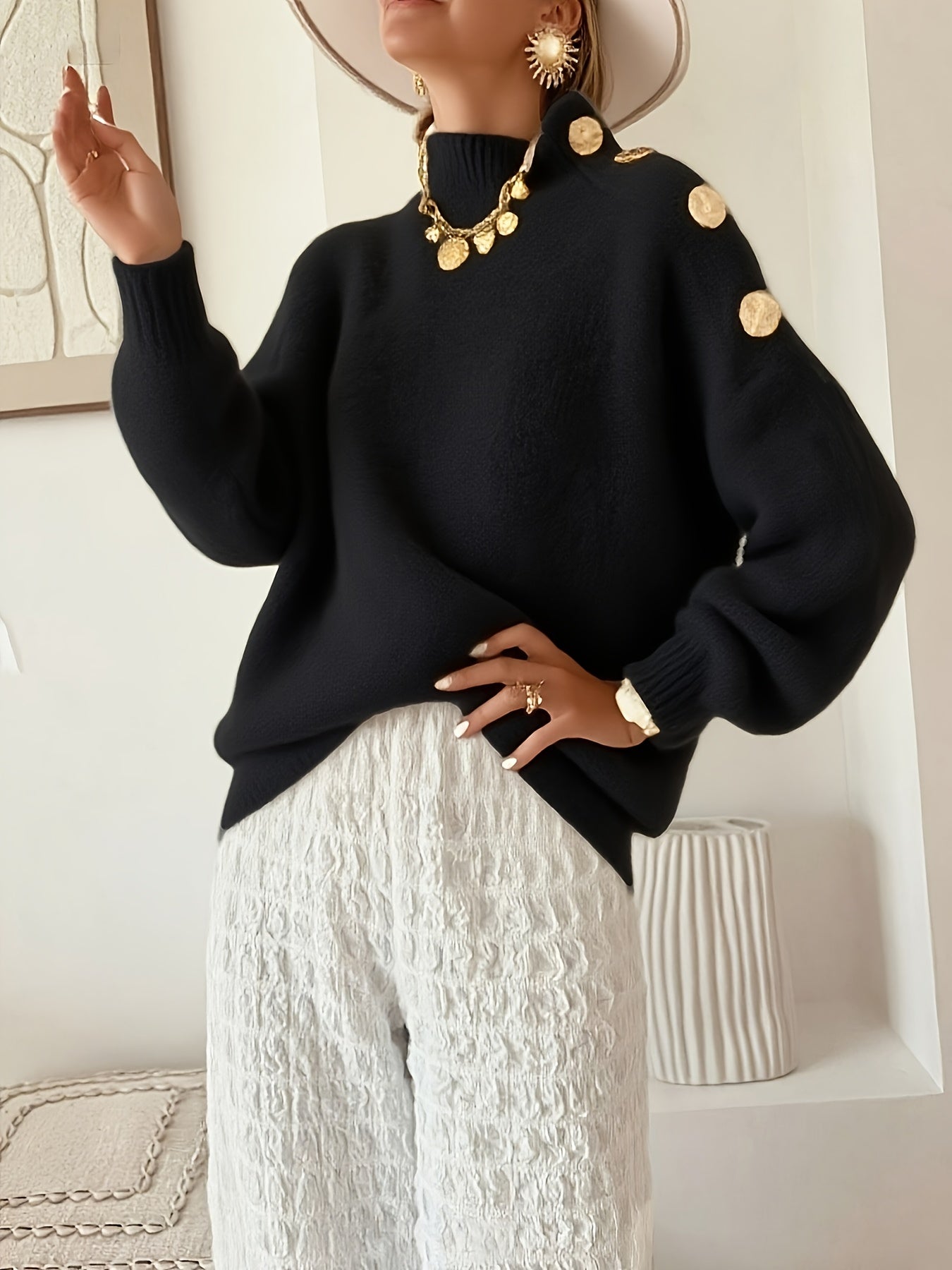 Plus Size Women's Elegant Button-Front Sweater, Soft Long Sleeve High Neck Knit Pullover for Office & Everyday