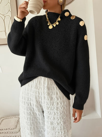 Plus Size Women's Elegant Button-Front Sweater, Soft Long Sleeve High Neck Knit Pullover for Office & Everyday