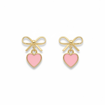 Bow Earrings with Cute Pink Heart Charm