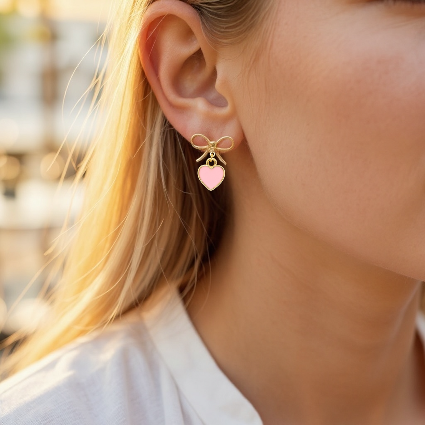 Bow Earrings with Cute Pink Heart Charm