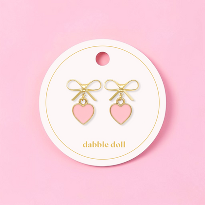 Bow Earrings with Cute Pink Heart Charm