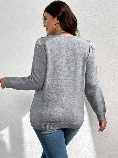 Plus Size V-Neck Heart Sweater – Lace Trim Embroidered Knit, Long Sleeve, Stretch Polyester, Machine Washable