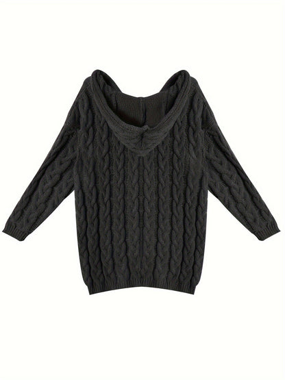 Plus Size Hooded V-Neck Knit Pullover Sweater — Long Sleeve Solid Casual Top