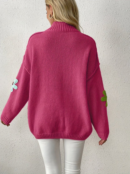 Plus Size Floral Applique Knit Sweater – Women's Long Sleeve High Neck Pullover for Fall & Winter
