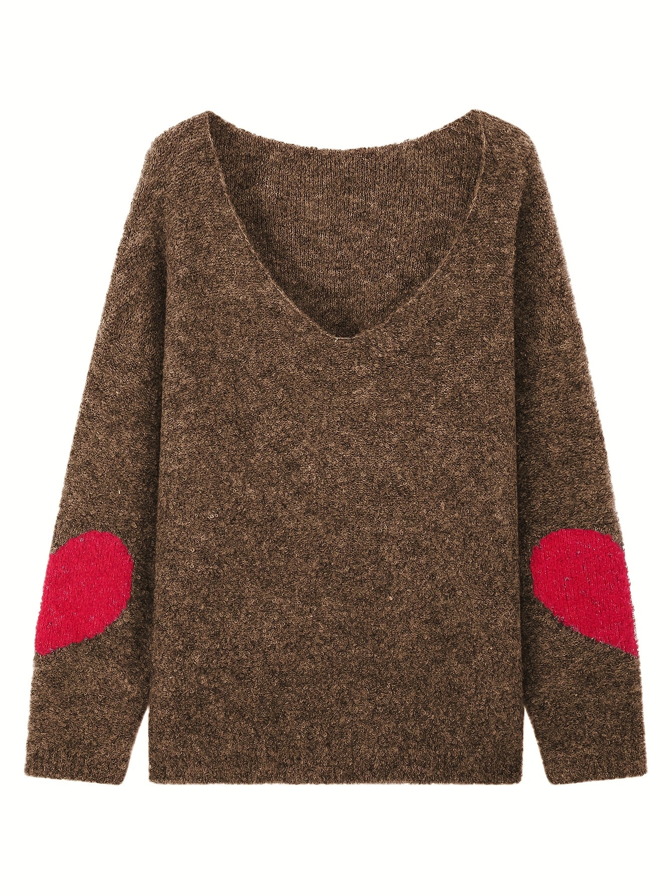 Plus Size V-Neck Heart-Pattern Pullover Sweater – Loose Oversized Knit for Fall/Winter