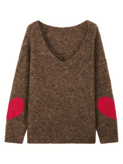 Plus Size V-Neck Heart-Pattern Pullover Sweater – Loose Oversized Knit for Fall/Winter