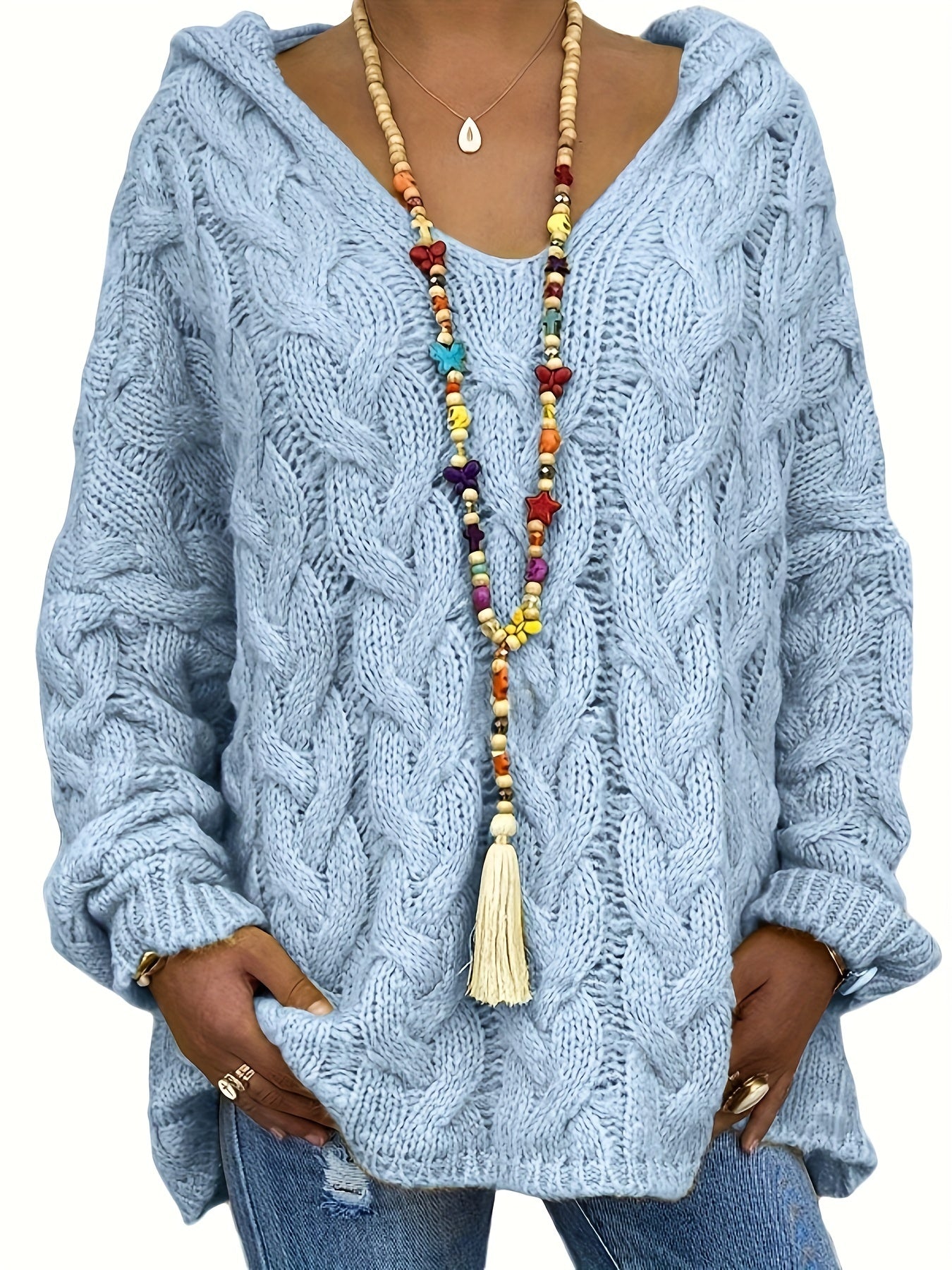 Plus Size Hooded V-Neck Knit Pullover Sweater — Long Sleeve Solid Casual Top