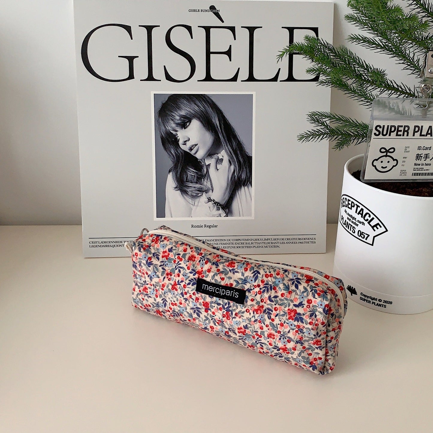 Corduroy Pencil Case Makeup Bag - Korean Style Retro Floral Canvas Pouch for Students