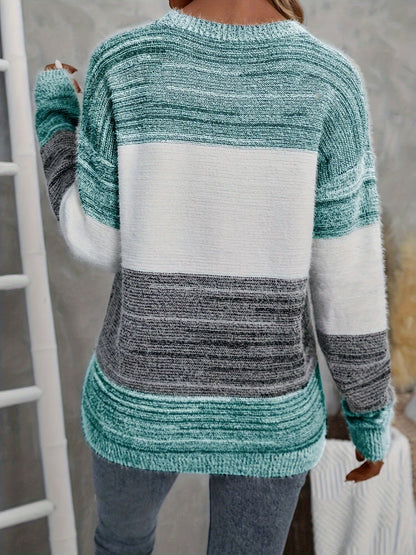 Plus-Size Drop Shoulder Striped Pullover Sweater - Stretchy Oversized Knit Long Sleeve Crew Neck for Fall Winter