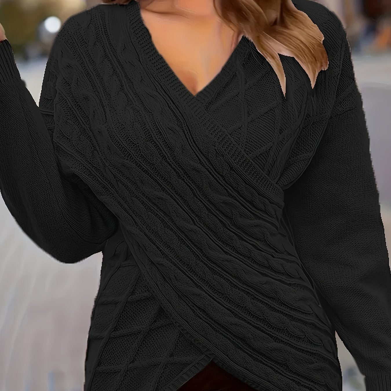 Plus Size Cable Knit Wrap V-Neck Sweater, Drop Shoulder Long Sleeve Pullover