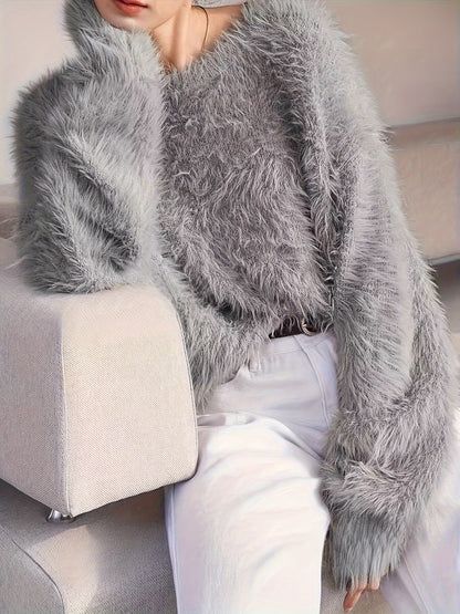Women's Plus Size Faux Mink Long Fur Pullover Sweater, Crew Neck Polyester Knit, Stretch, All-Season