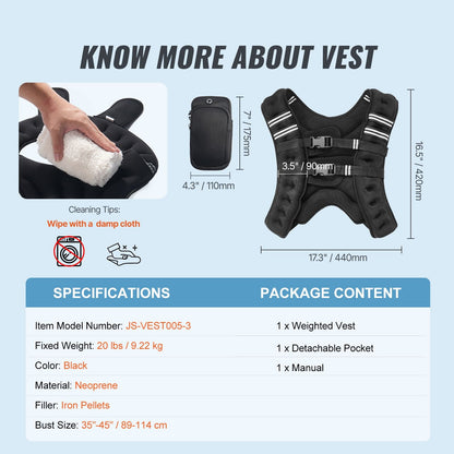 Weighted Vest, 20 lbs Weight Vest with Reflective Stripe, Adjustable Buckle Body Weight Vest for Men Women, Workout Equipment for Strength Training, Running, Jogging, Fitness, and Weight Loss